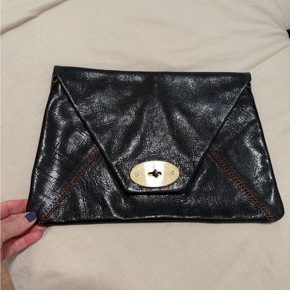 Chic Carla Mancini Black Leather Clutch with Brass Detail